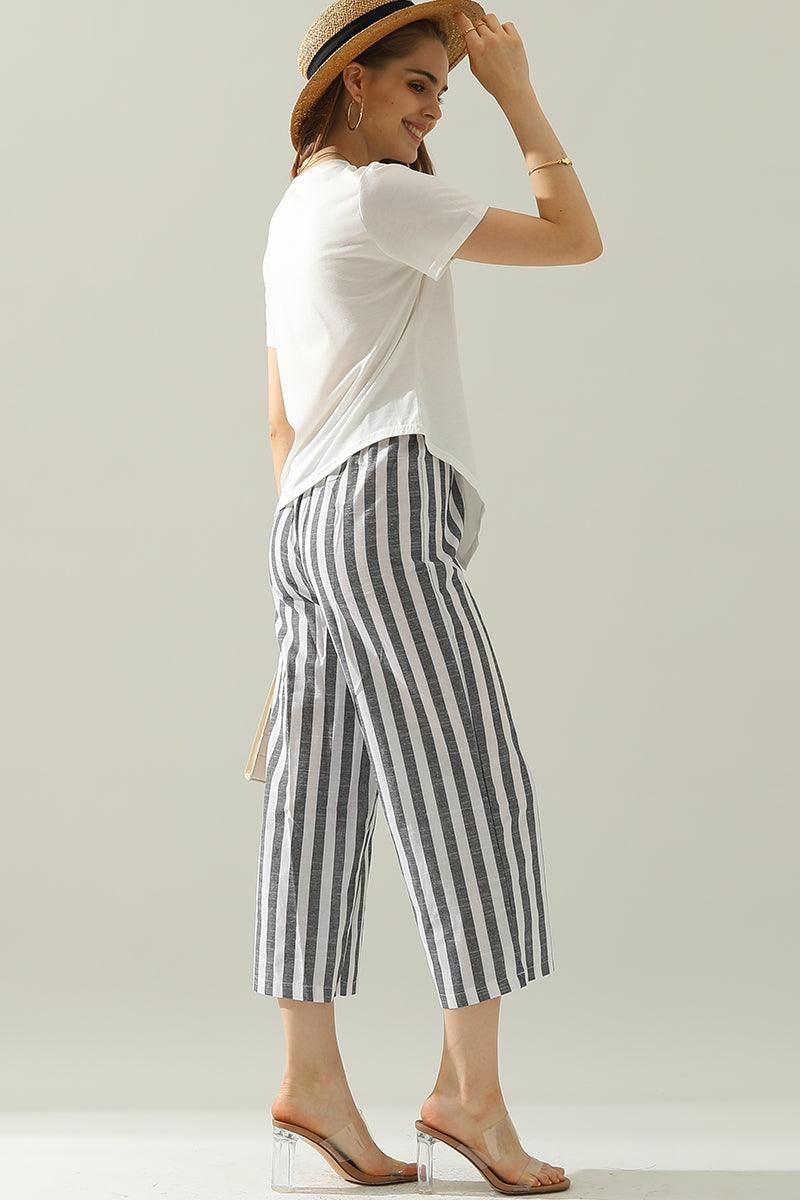 VERTICAL STRIPE ELASTIC WAIST WIDE LEG CAPRANTS - Doublju