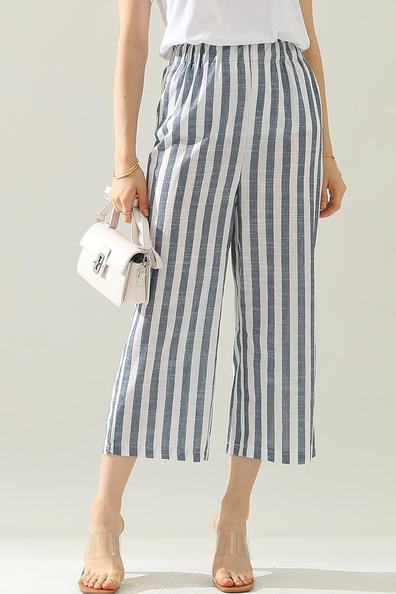 VERTICAL STRIPE ELASTIC WAIST WIDE LEG CAPRANTS - Doublju