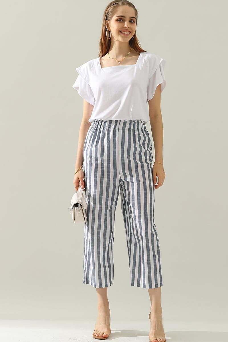 VERTICAL STRIPE ELASTIC WAIST WIDE LEG CAPRANTS - Doublju