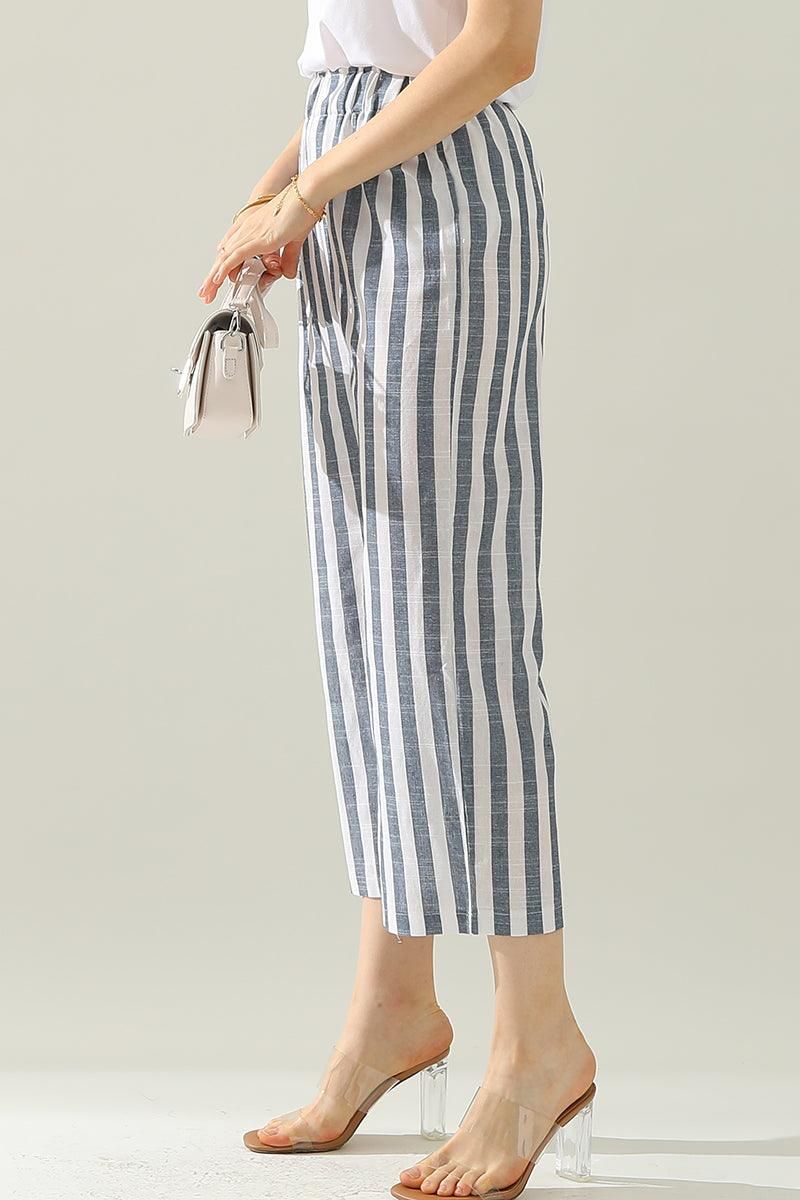 VERTICAL STRIPE ELASTIC WAIST WIDE LEG CAPRANTS - Doublju