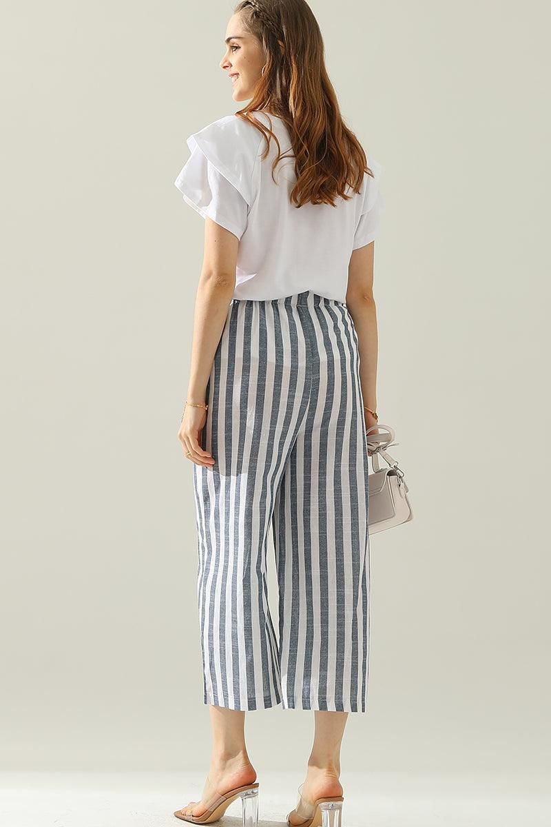 VERTICAL STRIPE ELASTIC WAIST WIDE LEG CAPRANTS - Doublju