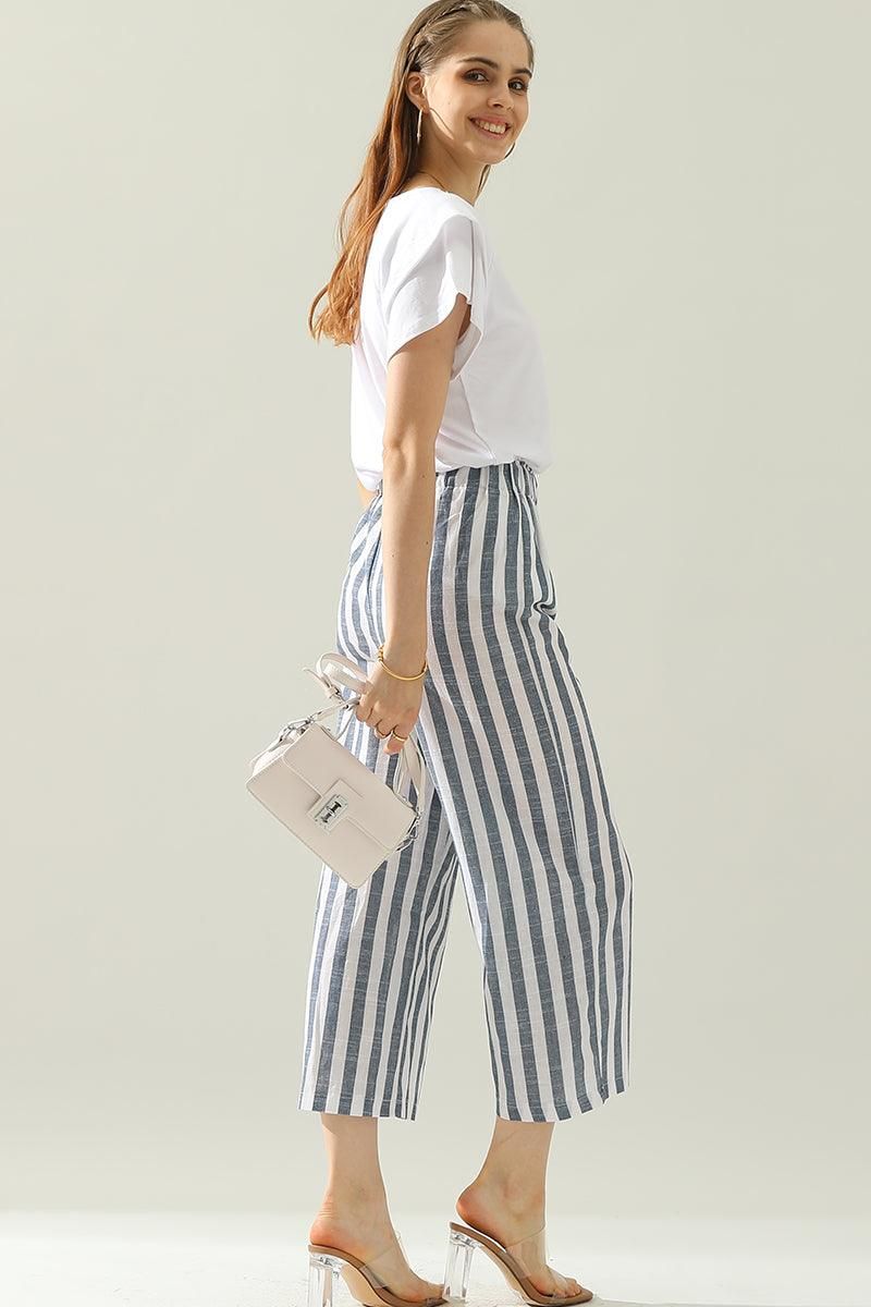 VERTICAL STRIPE ELASTIC WAIST WIDE LEG CAPRANTS - Doublju