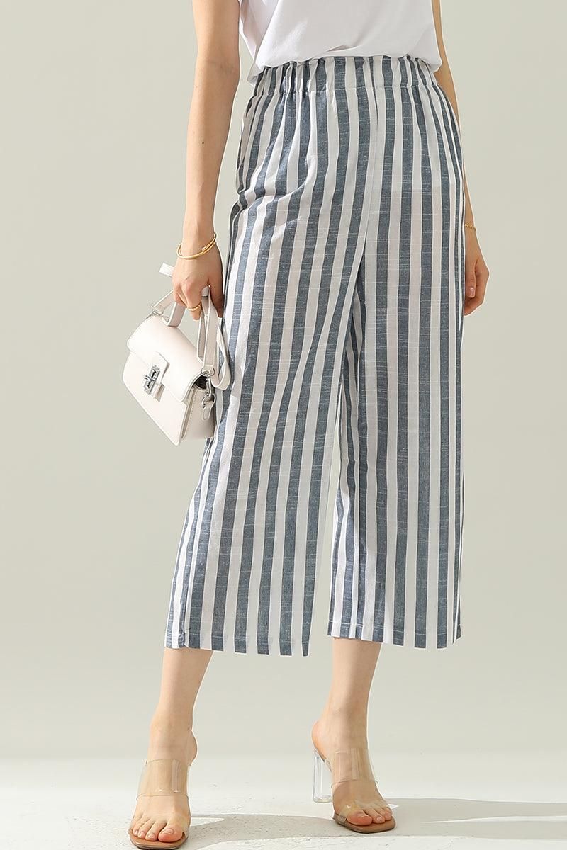 VERTICAL STRIPE ELASTIC WAIST WIDE LEG CAPRANTS - Doublju