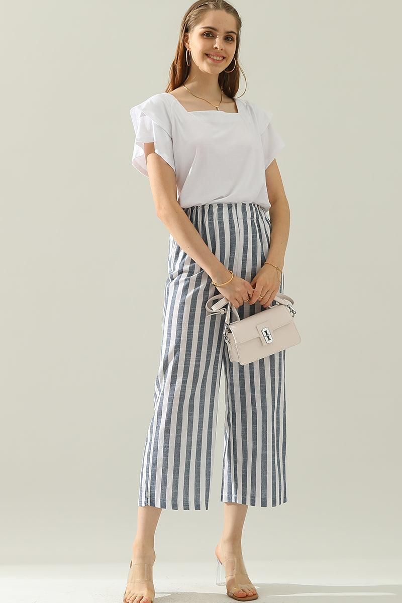 VERTICAL STRIPE ELASTIC WAIST WIDE LEG CAPRANTS - Doublju