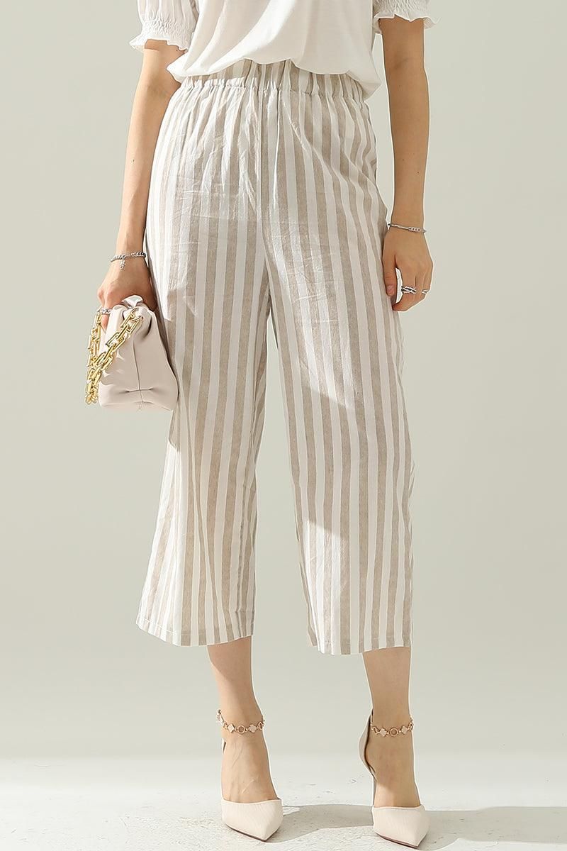 VERTICAL STRIPE ELASTIC WAIST WIDE LEG CAPRANTS - Doublju