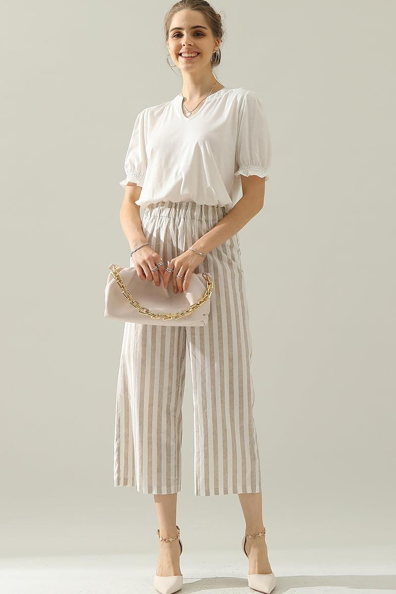 VERTICAL STRIPE ELASTIC WAIST WIDE LEG CAPRANTS - Doublju