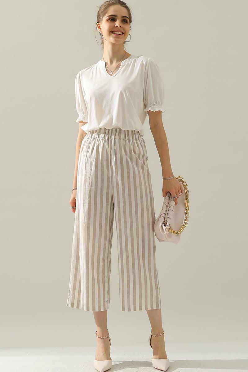 VERTICAL STRIPE ELASTIC WAIST WIDE LEG CAPRANTS - Doublju