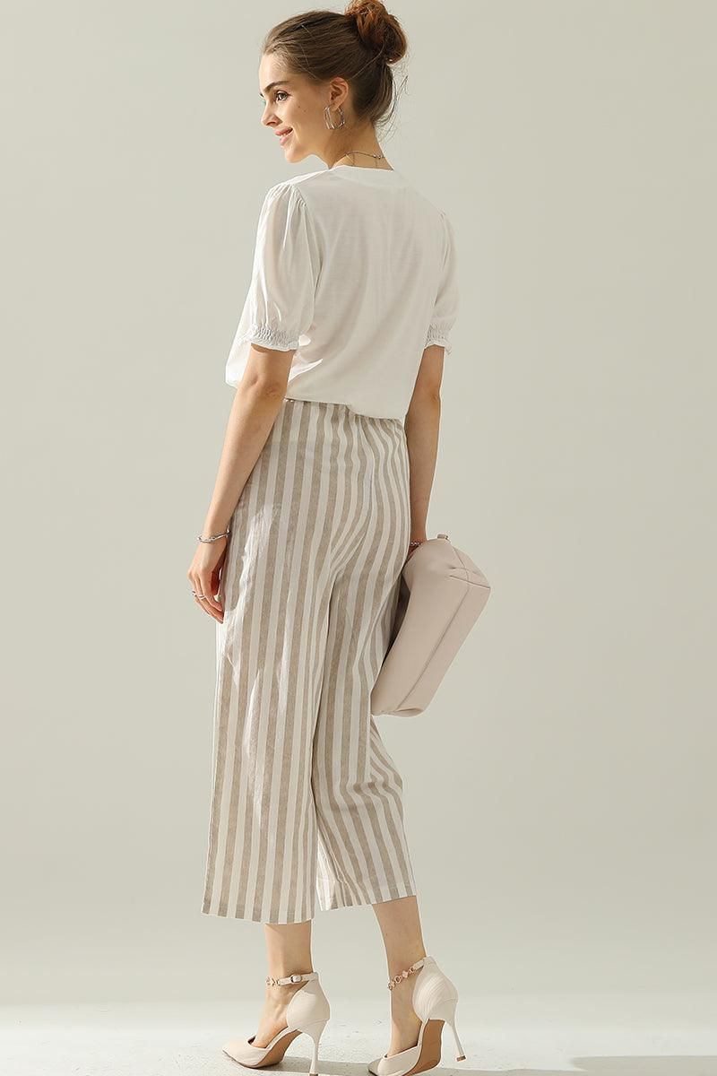 VERTICAL STRIPE ELASTIC WAIST WIDE LEG CAPRANTS - Doublju