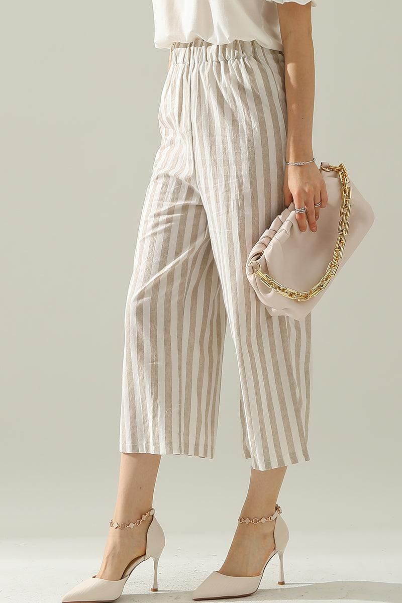 VERTICAL STRIPE ELASTIC WAIST WIDE LEG CAPRANTS - Doublju