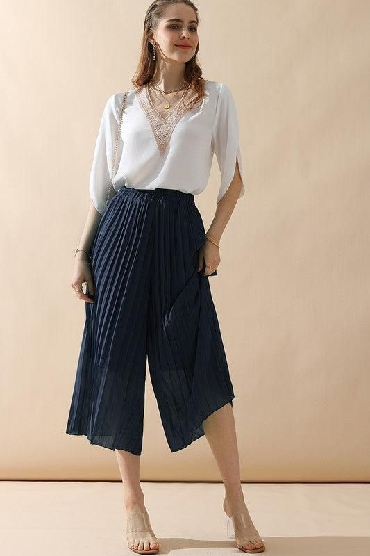 WAIST DRAWSTRING WIDE LEG FLARED CASUAL PANTS - Doublju