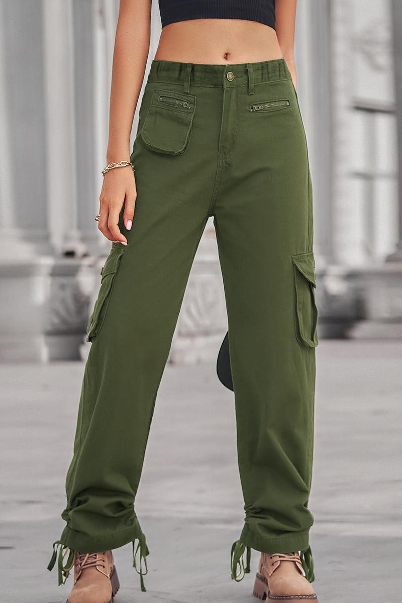 MINI POCKET DRAWSTRING ANKLE LONG CARGO PANTS - Doublju