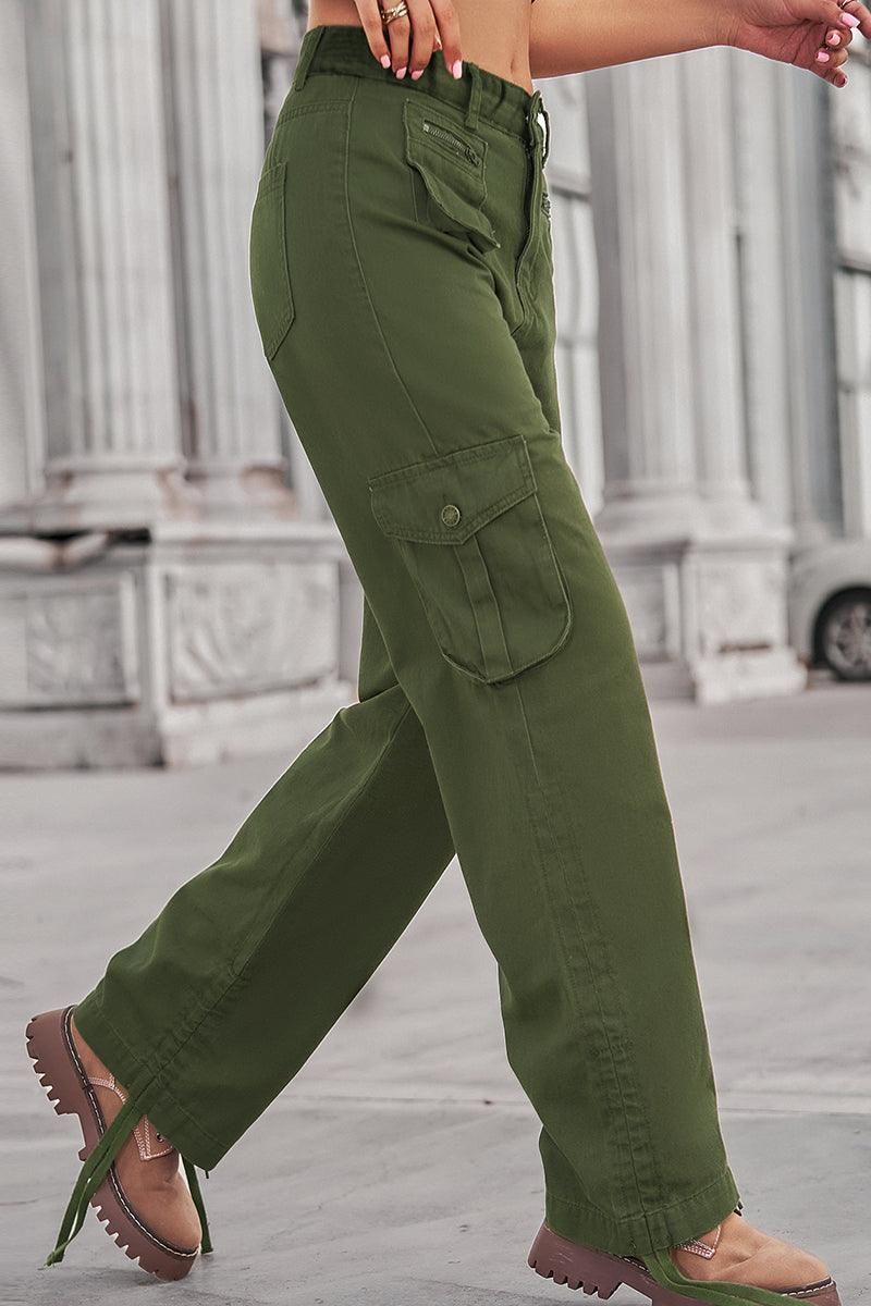 MINI POCKET DRAWSTRING ANKLE LONG CARGO PANTS - Doublju