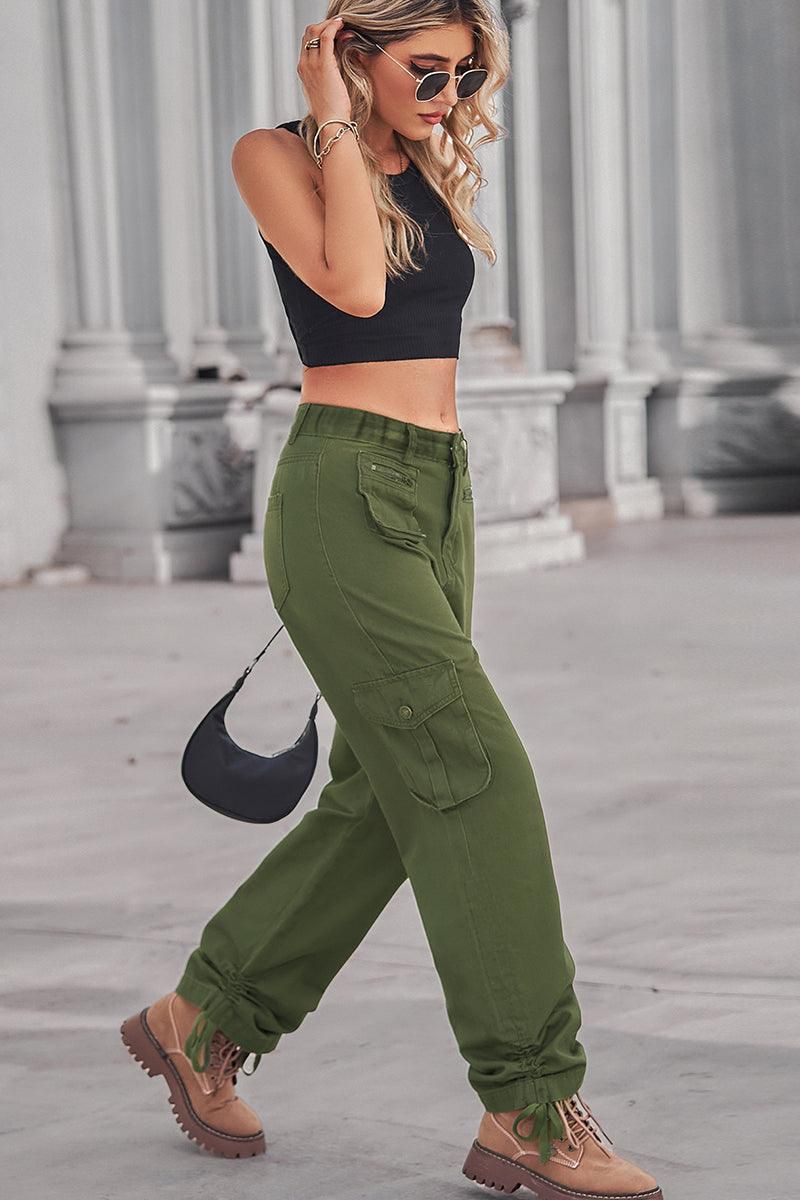 MINI POCKET DRAWSTRING ANKLE LONG CARGO PANTS - Doublju