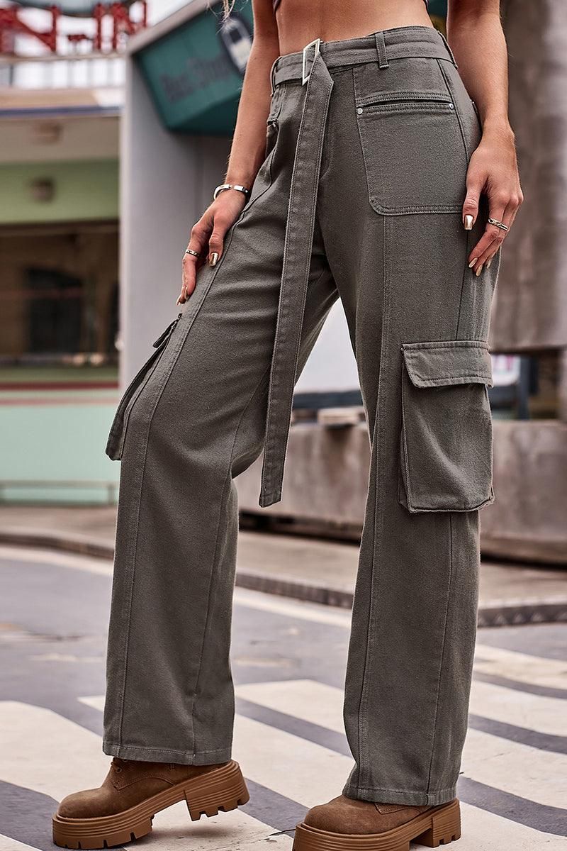 FLAT POCKET BUCKLE BELTED LONG CARGO PANTS - Doublju