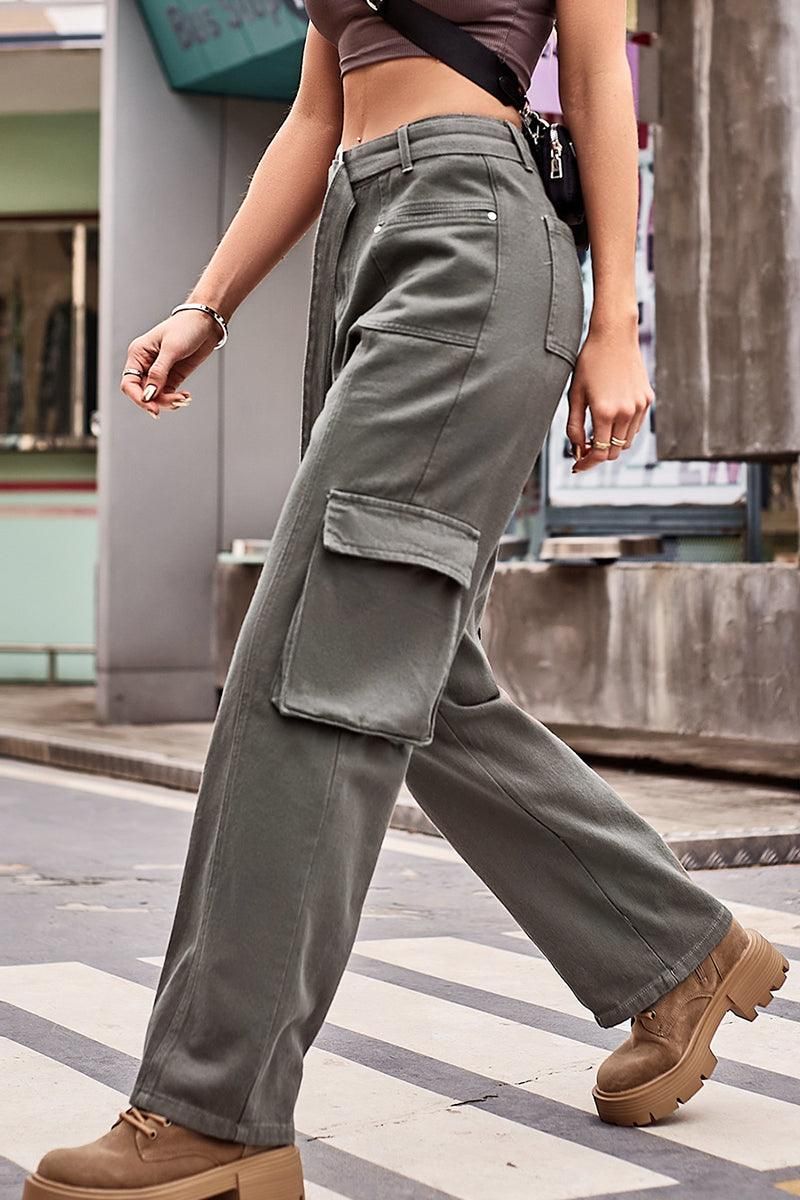 FLAT POCKET BUCKLE BELTED LONG CARGO PANTS - Doublju