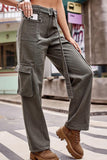 FLAT POCKET BUCKLE BELTED LONG CARGO PANTS - Doublju