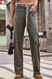 FLAT POCKET BUCKLE BELTED LONG CARGO PANTS - Doublju