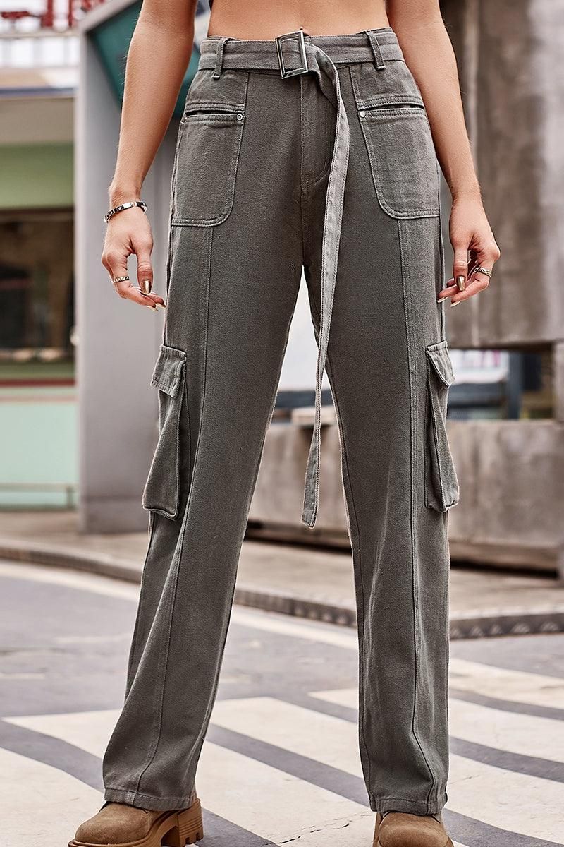 FLAT POCKET BUCKLE BELTED LONG CARGO PANTS - Doublju