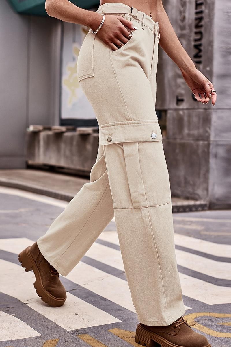 ADJUSTABLE WAIST LONG CARGO PANTS - Doublju