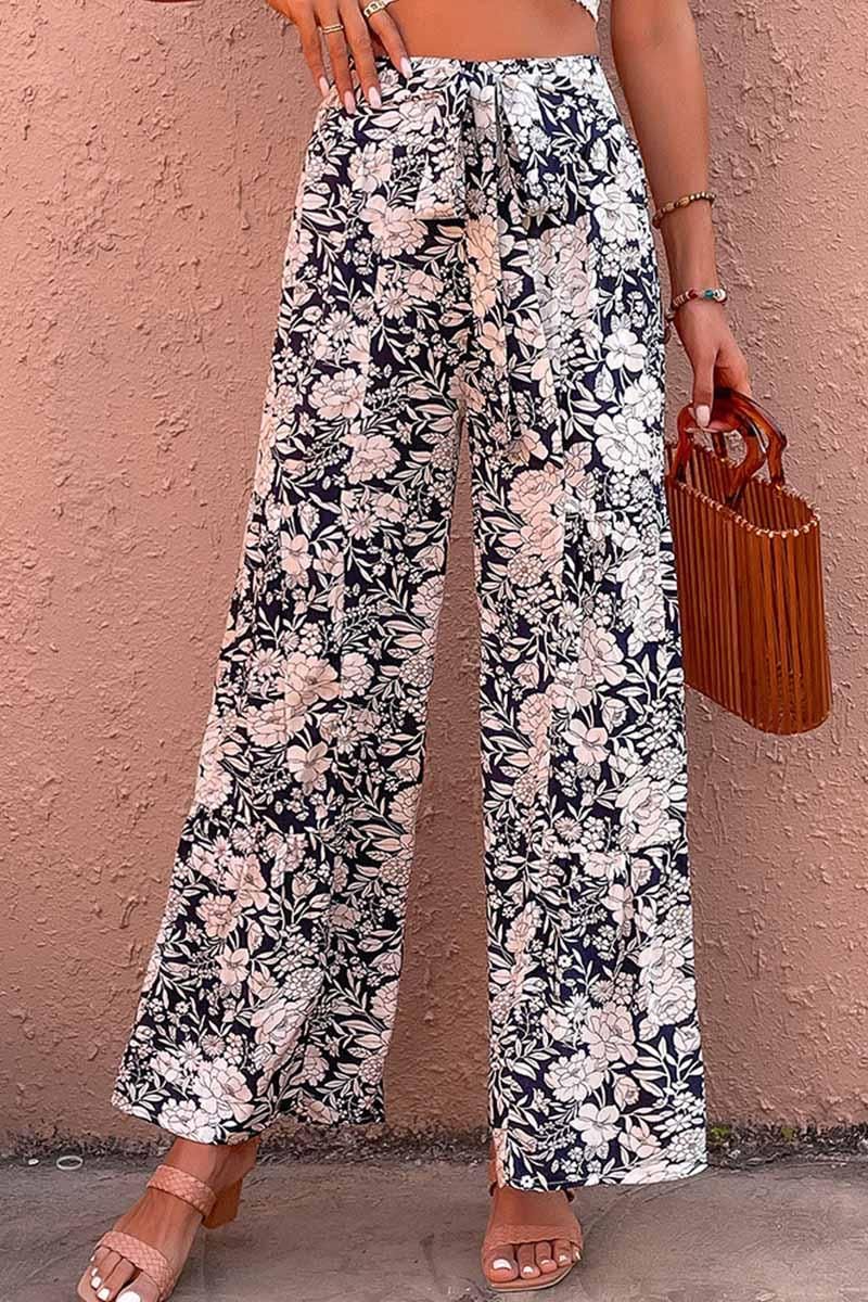 FLORAL TIED HIGH WAIST WIDE PANTS - Doublju