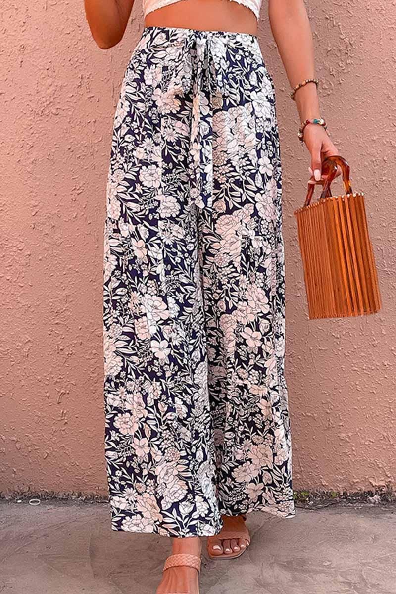 FLORAL TIED HIGH WAIST WIDE PANTS - Doublju