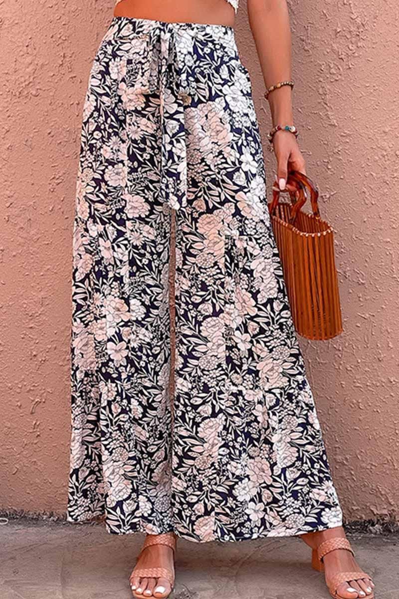 FLORAL TIED HIGH WAIST WIDE PANTS - Doublju