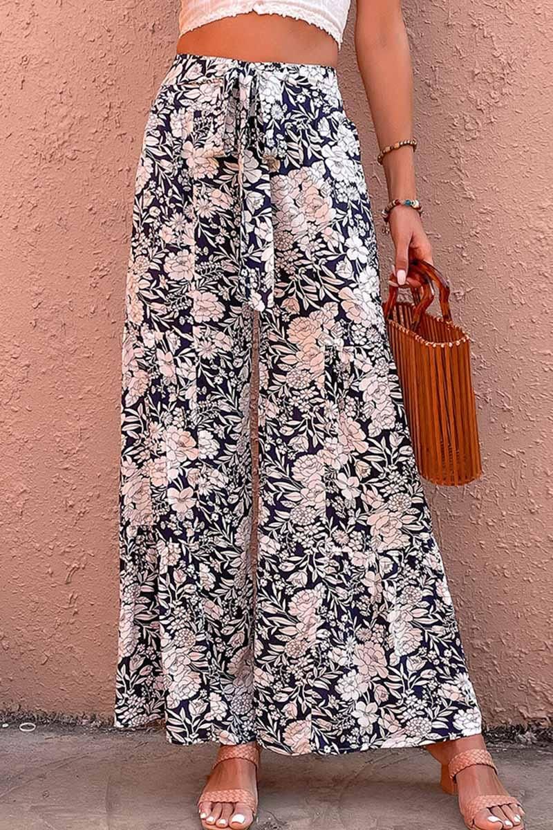 FLORAL TIED HIGH WAIST WIDE PANTS - Doublju