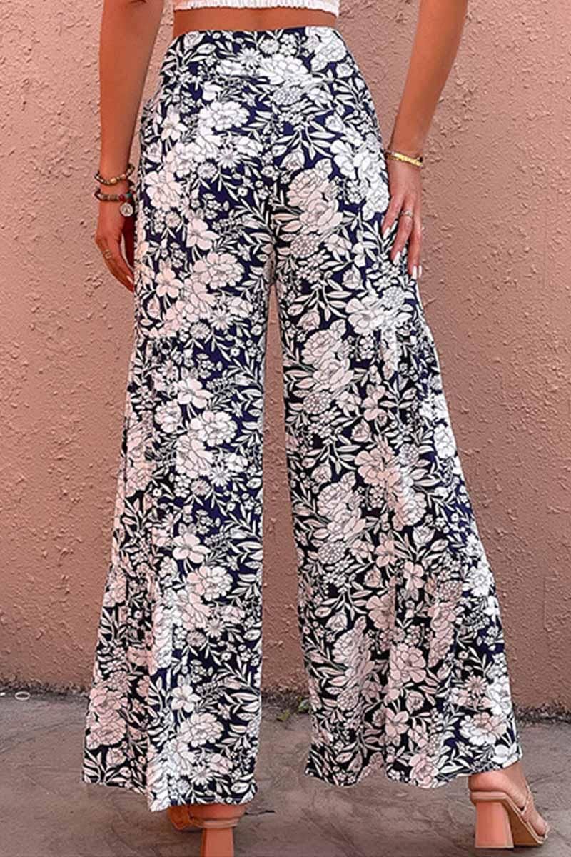 FLORAL TIED HIGH WAIST WIDE PANTS - Doublju