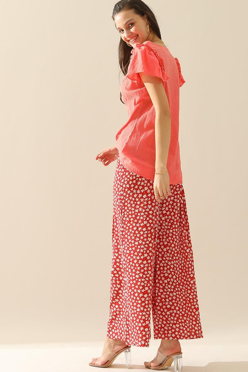 HIGH WAIST FLORAL RUFFLED WIDE PANTS - Doublju