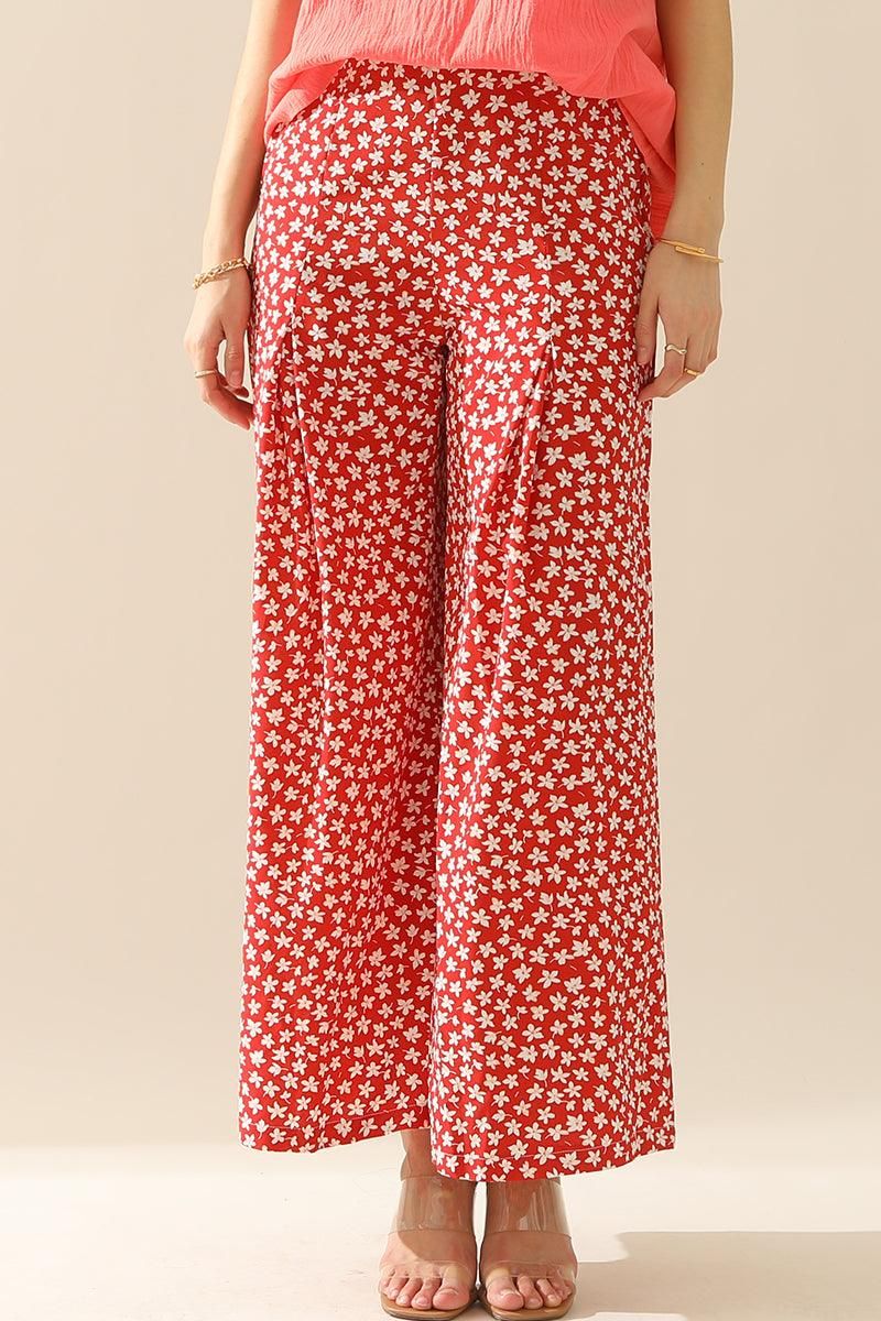 HIGH WAIST FLORAL RUFFLED WIDE PANTS - Doublju