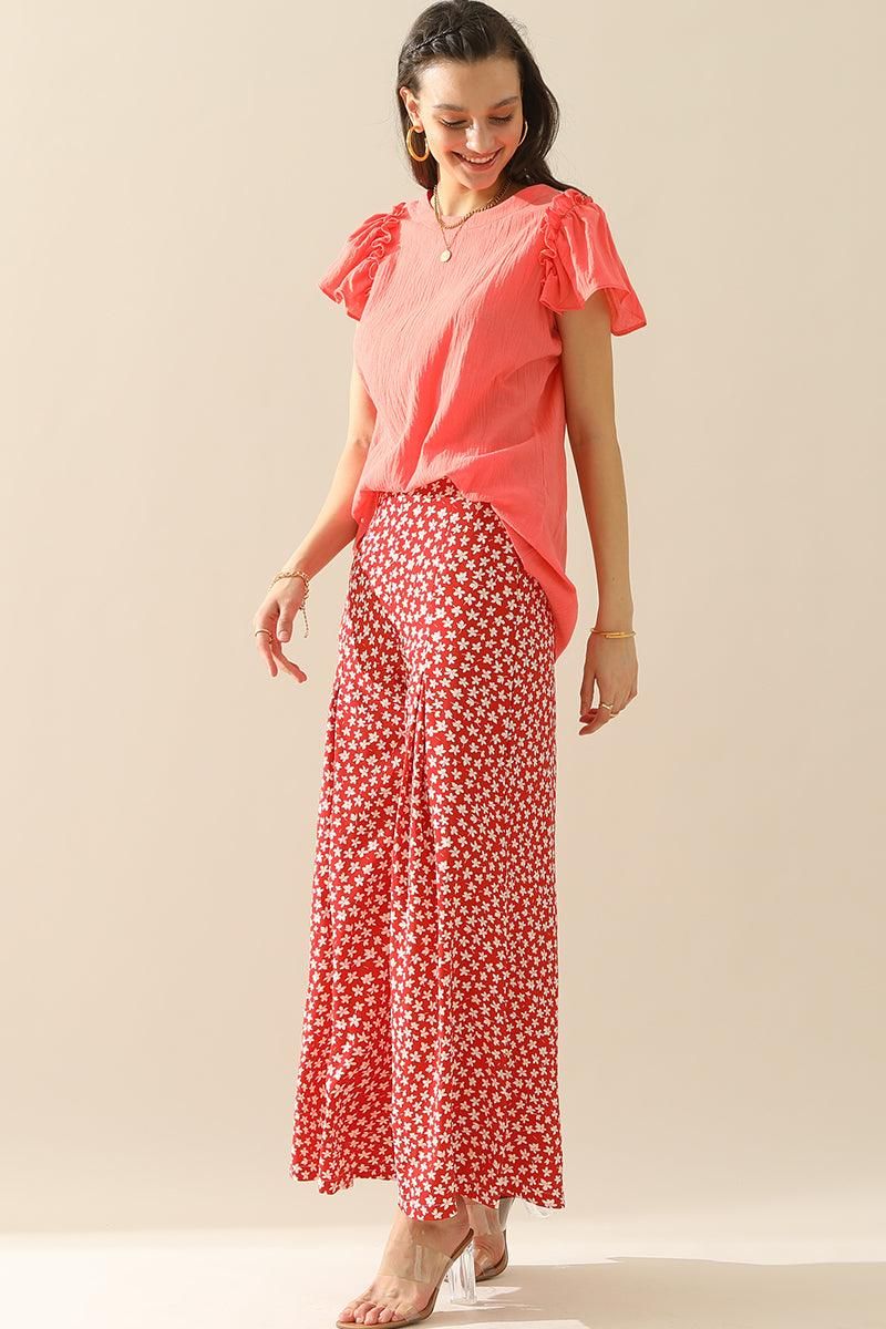 HIGH WAIST FLORAL RUFFLED WIDE PANTS - Doublju