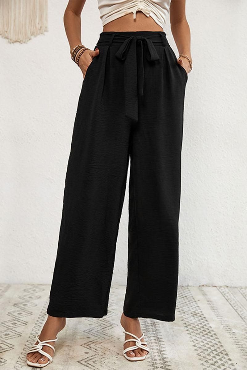 MIDI WAIST CASUAL WIDE LEG PANTS - Doublju