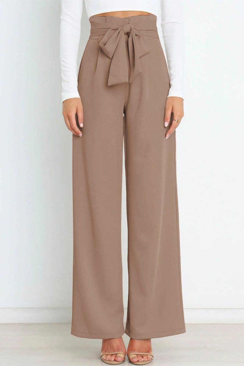 WOMEN TIED WAIST WIDE LEG OFFICE WORK PANTS