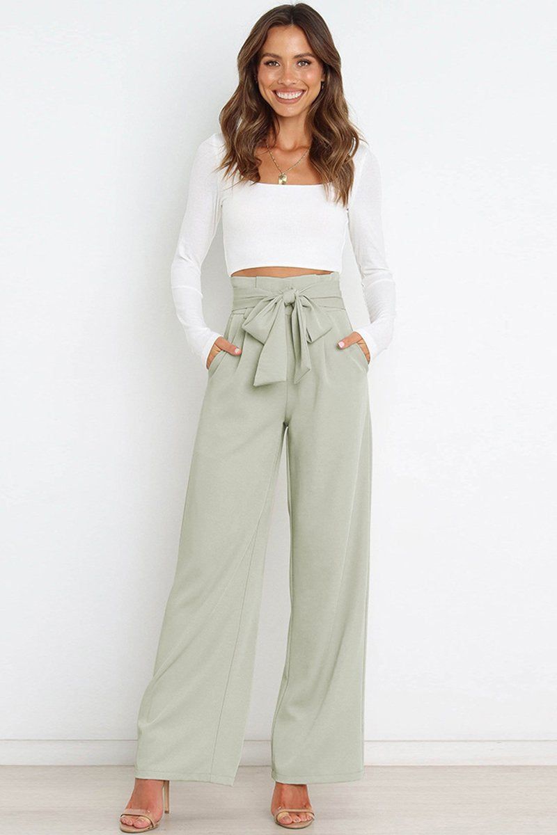 WOMEN TIED WAIST WIDE LEG OFFICE WORK PANTS