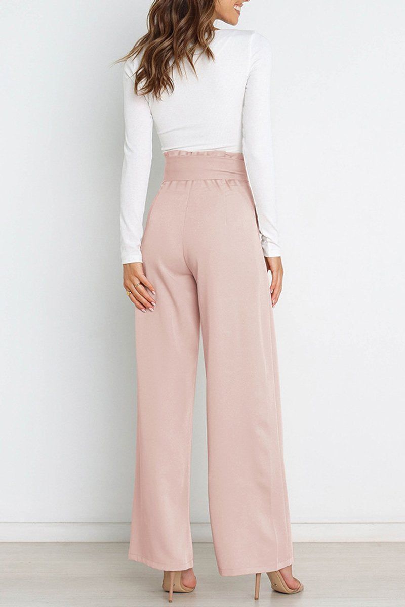 WOMEN TIED WAIST WIDE LEG OFFICE WORK PANTS