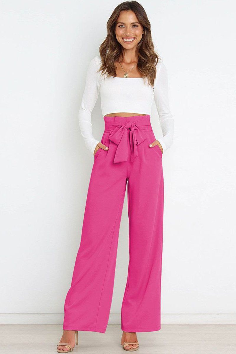 WOMEN TIED WAIST WIDE LEG OFFICE WORK PANTS