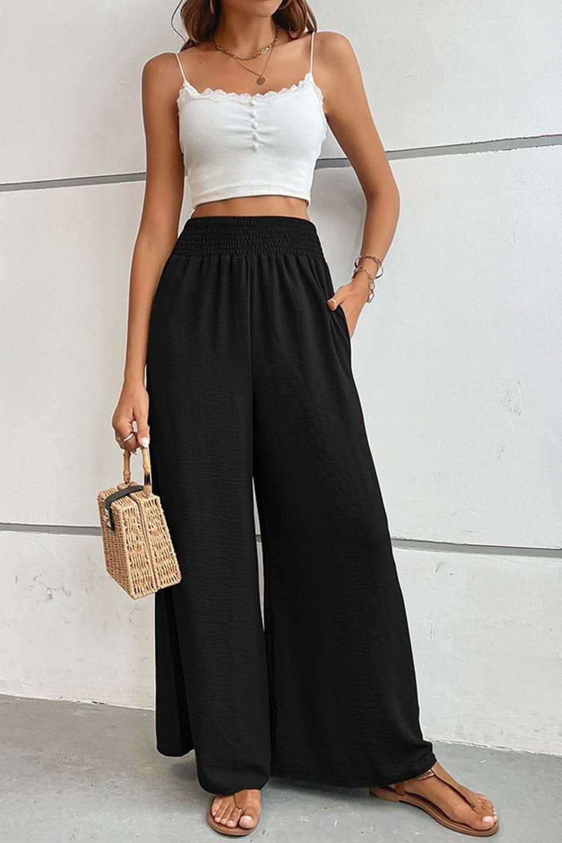 WOMEN SMOCKED ELASTIC WAIST WIDE LEG LONG PANTS