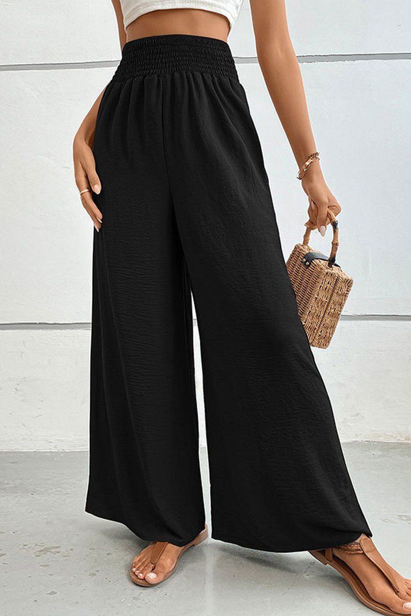 WOMEN SMOCKED ELASTIC WAIST WIDE LEG LONG PANTS