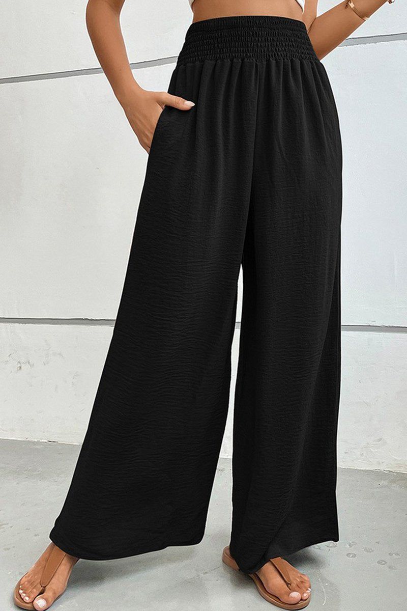 WOMEN SMOCKED ELASTIC WAIST WIDE LEG LONG PANTS