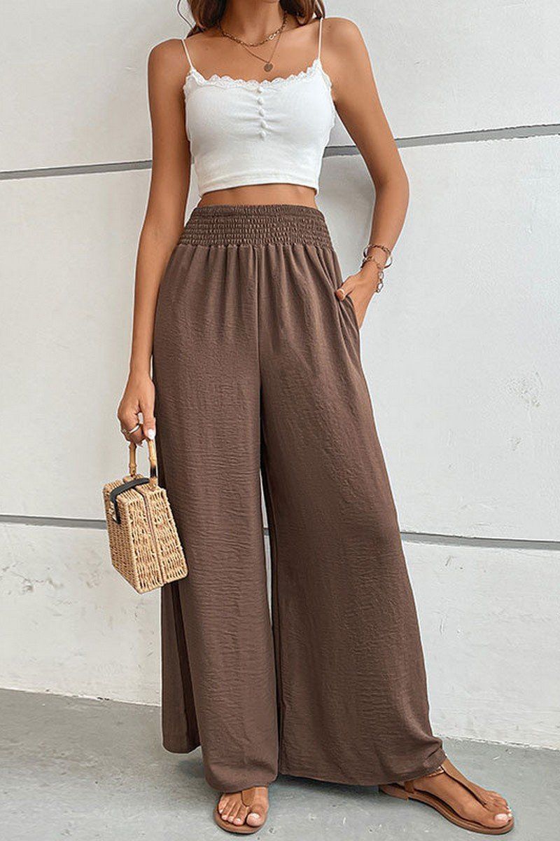 WOMEN SMOCKED ELASTIC WAIST WIDE LEG LONG PANTS