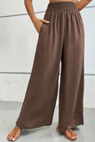 WOMEN SMOCKED ELASTIC WAIST WIDE LEG LONG PANTS