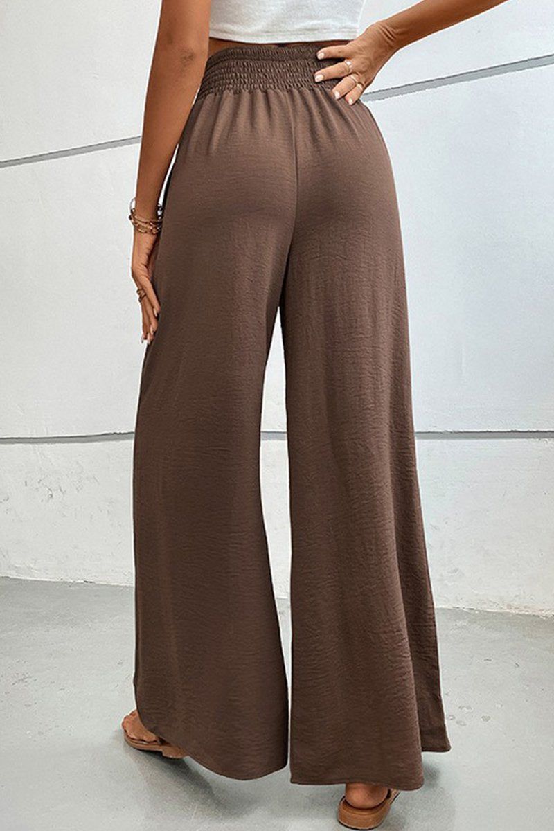 WOMEN SMOCKED ELASTIC WAIST WIDE LEG LONG PANTS