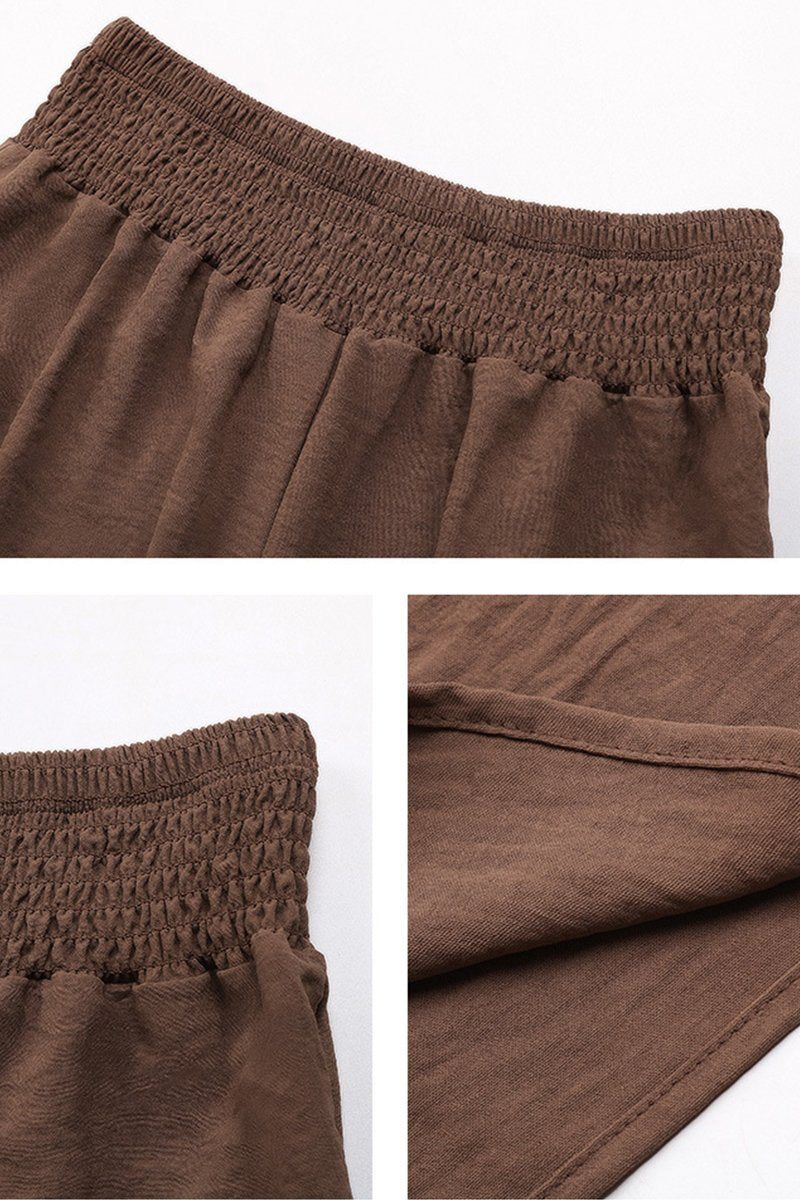 WOMEN SMOCKED ELASTIC WAIST WIDE LEG LONG PANTS