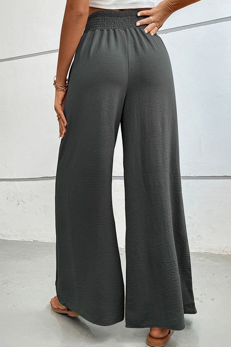 WOMEN SMOCKED ELASTIC WAIST WIDE LEG LONG PANTS