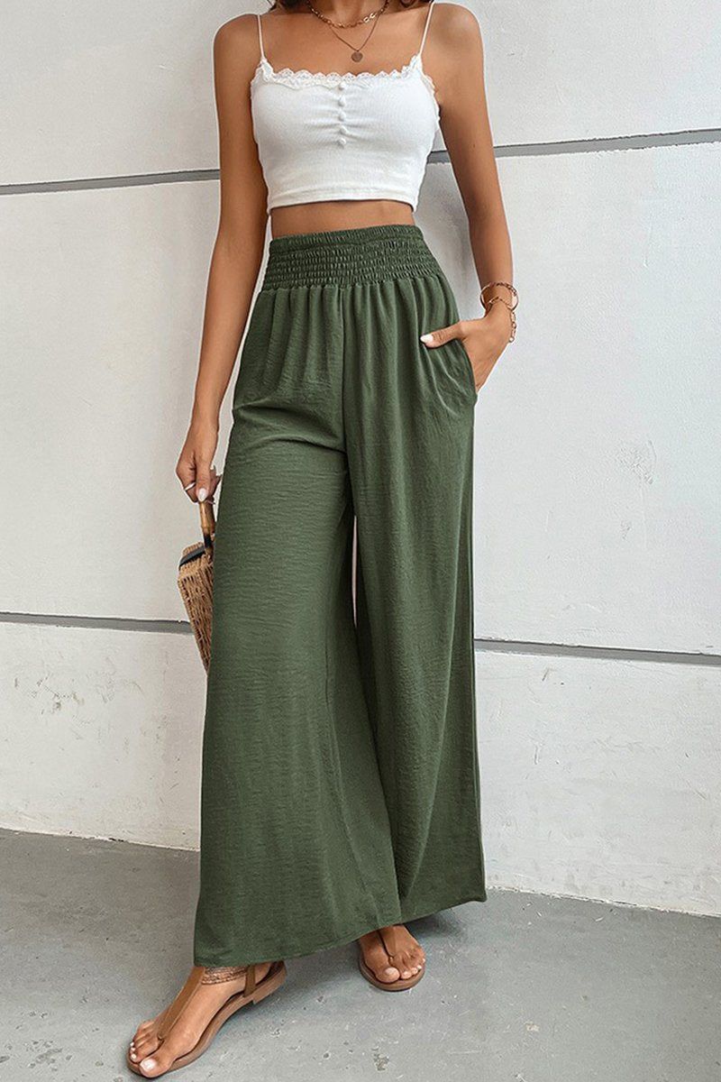 WOMEN SMOCKED ELASTIC WAIST WIDE LEG LONG PANTS