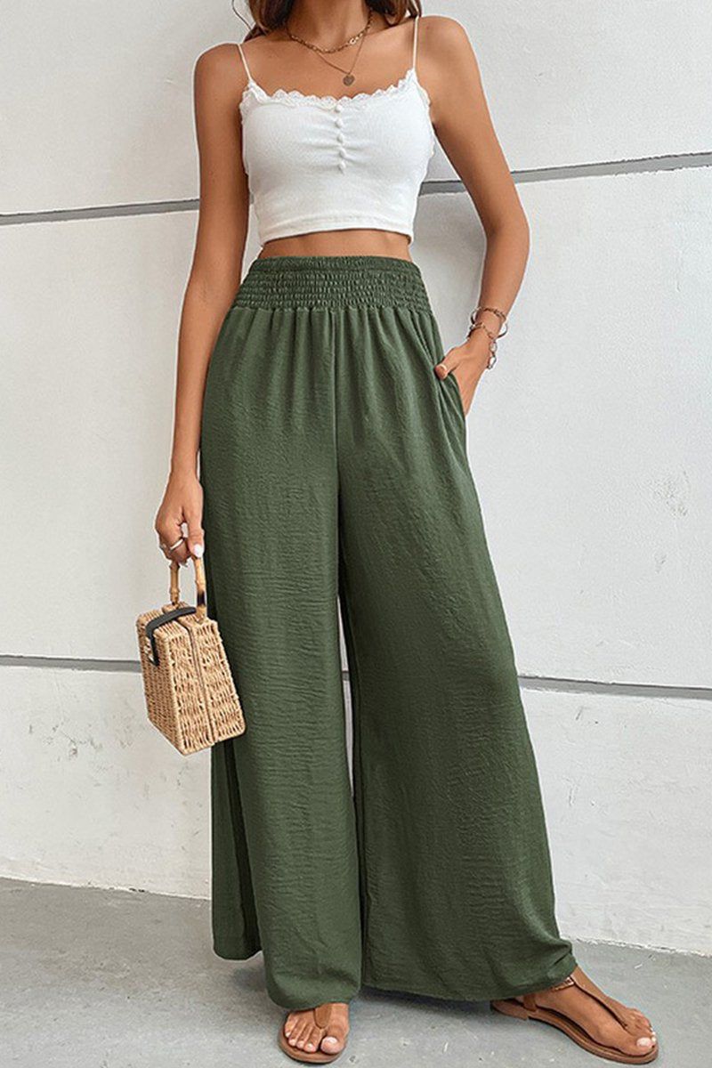 WOMEN SMOCKED ELASTIC WAIST WIDE LEG LONG PANTS