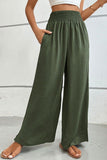 WOMEN SMOCKED ELASTIC WAIST WIDE LEG LONG PANTS