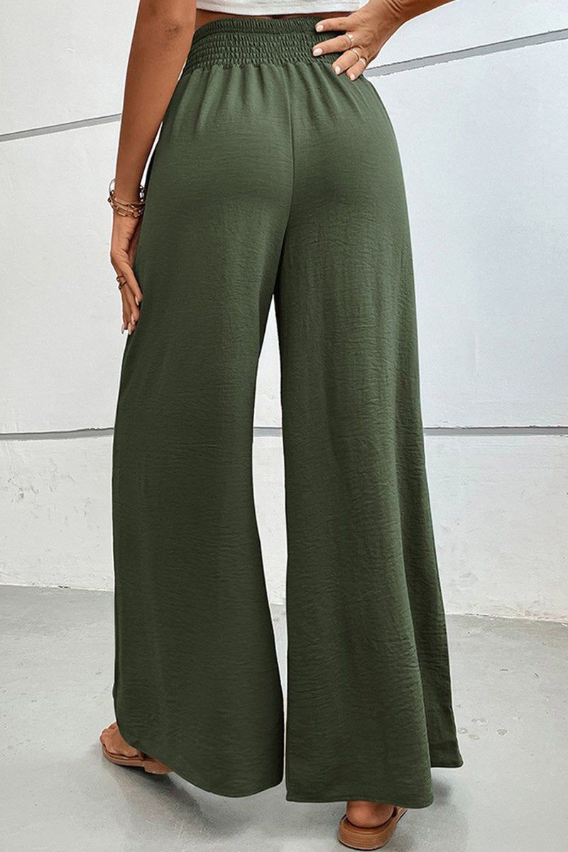 WOMEN SMOCKED ELASTIC WAIST WIDE LEG LONG PANTS