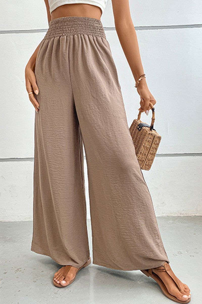 WOMEN SMOCKED ELASTIC WAIST WIDE LEG LONG PANTS