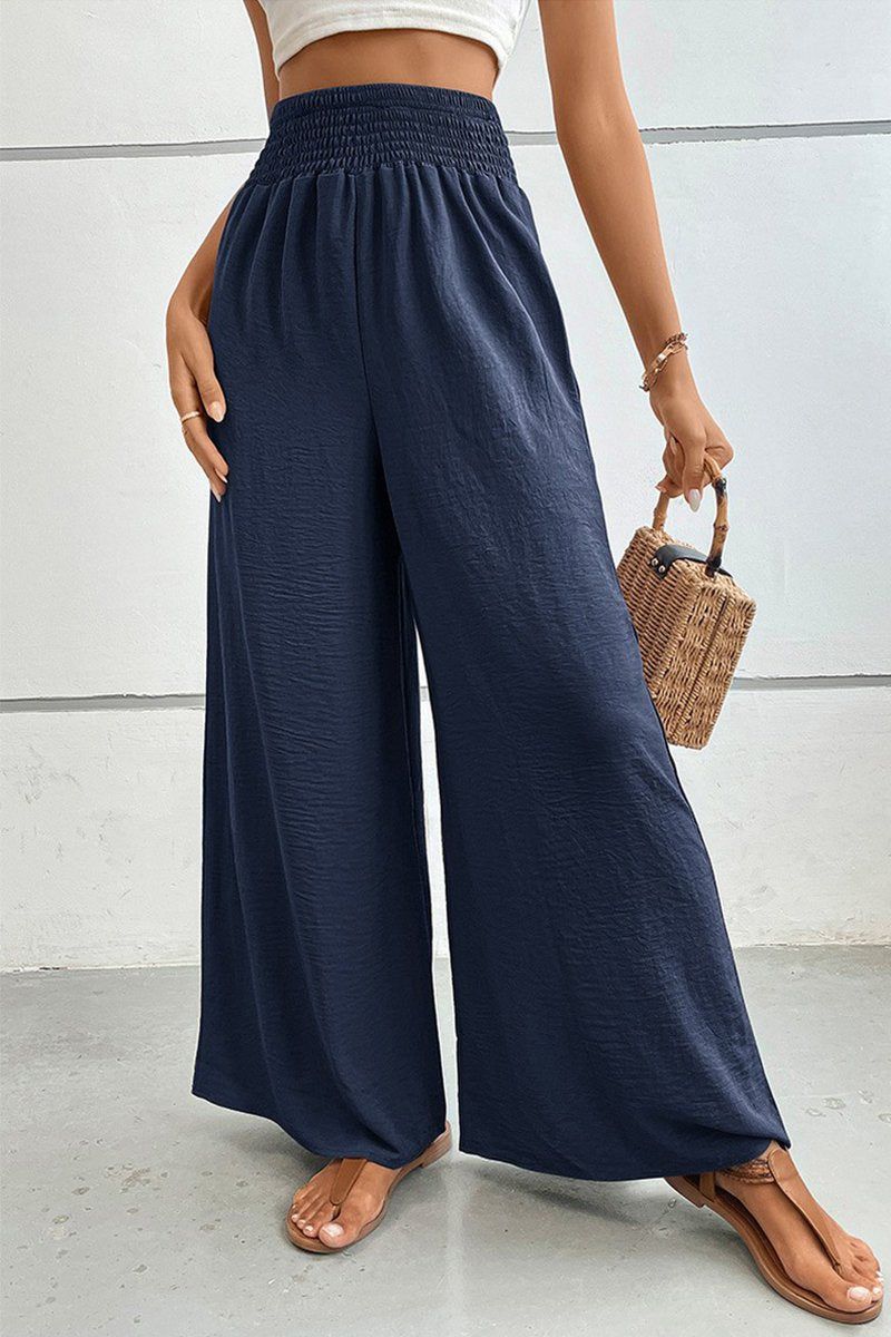 WOMEN SMOCKED ELASTIC WAIST WIDE LEG LONG PANTS